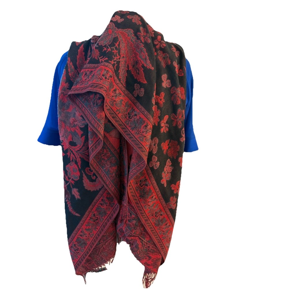 Vintage Red & Black Woven WRAP SCARF Fringed 28W" x‎ 68"L